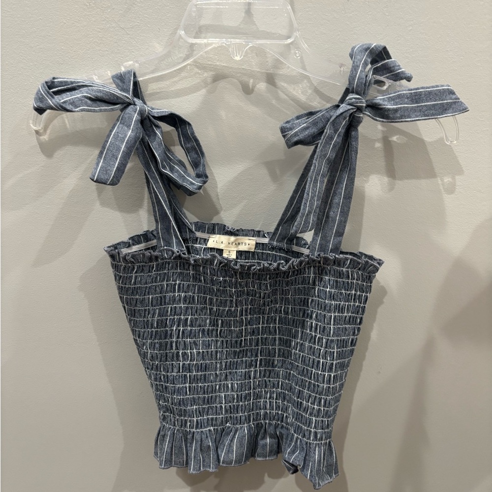 La Hearts Navy Striped Smocked Crop Top